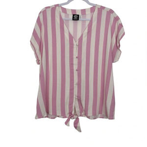 Bobeau Women’s M V-Neck Button Up Tie Short Sleeve‎ Striped Top
